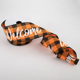 Jascotina Halloween 10 Yards - 2.5" Orange & Black Buffalo Check Ribbon with "Welcome" written in White Script - Wired Halloween Ribbon