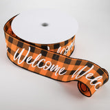 Jascotina Halloween Copy of 10 Yards - 2.5" Orange & Black Buffalo Check Ribbon with "Welcome" written in White Script - Wired Halloween Ribbon