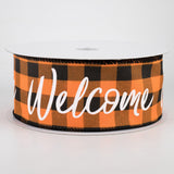 Jascotina Halloween Copy of 10 Yards - 2.5" Orange & Black Buffalo Check Ribbon with "Welcome" written in White Script - Wired Halloween Ribbon