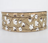 Jascotina Misc Ribbon 2.5 inch Tan Wired Canvas Ribbon with White Cotton Bolls - 50 Yards