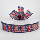 Jascotina Patriotic Ribbon 50 Yards 1.5 inch Dark Natural Stars in Red & Blue Squares