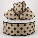 Jascotina Polka Dot Wired Natural Ribbon - 2.5 inch Natural Linen Ribbon with Black Dots - 50 Yards