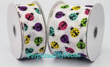 Jascotina Summer 1.5 or 2.5 inch White Linen Ribbon with Various Colored Ladybugs - 10 Yards
