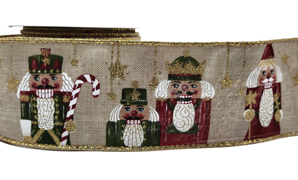 Perpetual Ribbons Christmas Characters Wired Christmas Ribbon - 2.5 inch Nutcracker Friends on Light Natural Canvas Ribbon - 10 Yards