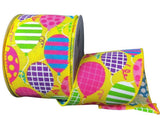 Perpetual Ribbons Happy Birthday / Party Wired Ribbon - 2.5" Yellow Canvas Ribbon with Various Colored Balloons - 10 Yards