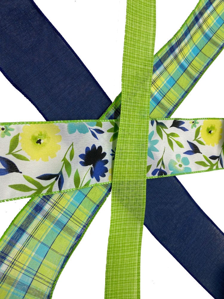 Spring Ribbon Kit - Navy Blue & Lime Floral Ribbon Set - 20 Yards