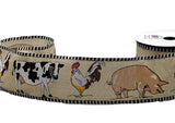 PerpetualRibbons Animals 2.5 inch Farmhouse Animals on Natural Linen with Black and White Striped Edges - Cow, Chicken & Pig Barnyard Animal Ribbon - 5 Yards