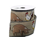 PerpetualRibbons Animals 2.5 inch Farmhouse Animals on Natural Linen with Black and White Striped Edges - Cow, Chicken & Pig Barnyard Animal Ribbon - 5 Yards