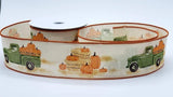 PerpetualRibbons Autumn 2.5 inch Green Farm Truck Carrying Pumpkins on Cream Ribbon - 5 Yards
