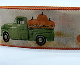 PerpetualRibbons Autumn 2.5 inch Green Farm Truck Carrying Pumpkins on Natural Ribbon - 10 Yards