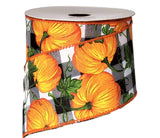 PerpetualRibbons Autumn 2.5 inch Pumpkin Patch on Black & White Buffalo Check Ribbon - Wired Autumn Ribbon - 5 Yards