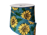 PerpetualRibbons Autumn Autumn Sunflower Ribbon - 2.5" Fall Sunflowers on Dark Teal Canvas - 10 Yards