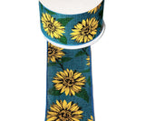 PerpetualRibbons Autumn Autumn Sunflower Ribbon - 2.5" Fall Sunflowers on Dark Teal Canvas - 10 Yards