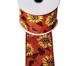PerpetualRibbons Autumn Autumn Sunflower Ribbon - 2.5" Fall Sunflowers on Rust Canvas - 10 Yards
