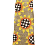 PerpetualRibbons Autumn Sunflowers with Black & White Buffalo Check Centers on 2.5" Natural Canvas Ribbon - 5 yards
