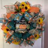 PerpetualRibbons Autumn Wired Autumn / Fall Ribbon - 2.5" Teal Canvas Ribbon with Cute Scarecrow Heads - 5 Yards