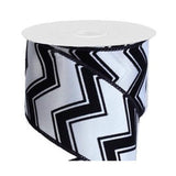 PerpetualRibbons Chevron 2.5 inch White Satin Ribbon w/ Black Flocked Chevron - 10 Yards