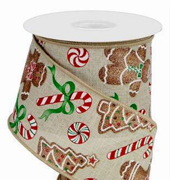 PerpetualRibbons Christmas Candy 2.5 inch Natural Canvas Ribbon with Gingerbread & Christmas Tree Cookies, Candy Canes and Hard Candies - 10 Yards