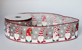 PerpetualRibbons Christmas Characters 2.5 Inch Christmas Gnomes on Grey Canvas Ribbon - Wired Christmas Ribbon - 5 Yards