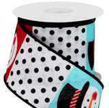 PerpetualRibbons Christmas Characters 2.5 inch Wired Christmas Ribbon - Various Blocks with Snowman Faces, Dots & Snowflakes - Snowman Ribbon - 10 Yards