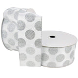 PerpetualRibbons Christmas Dots 2.5 inch Wired White Christmas Ribbon with Large Silver Glittered Dots - 5 Yards