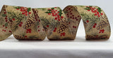 PerpetualRibbons Christmas Floral 2.5 inch Natural Ribbon featuring Pine Needles, Cones, Holly Berries & Leaves - 5 yards