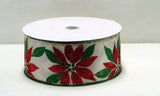 PerpetualRibbons Christmas Floral 2.5 inch White Wired Satin Ribbon featuring Red Glitter Poinsettias - 5 Yards