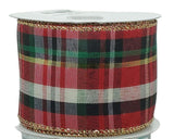 PerpetualRibbons Christmas Plaid 2.5 inch Red, Green, White, Gold & Black Wired Plaid Christmas Ribbon - 5 Yards