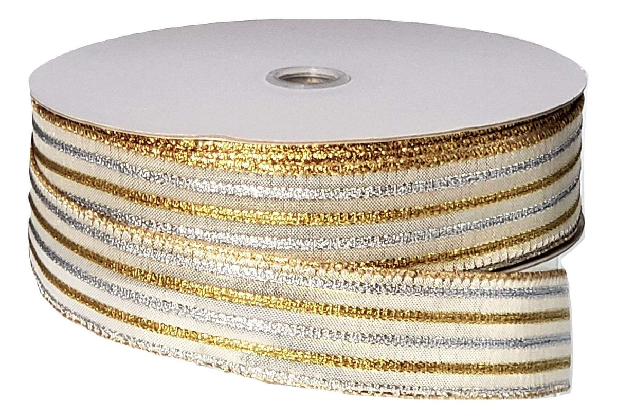 Wired Ribbon * Glitter Stripe * Natural, Gold and Silver * 1.5 x