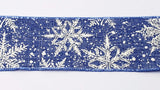 PerpetualRibbons Christmas Winter Ribbon 2.5 inch Denim Canvas Ribbon with Falling White Glittered Snowflakes - 10 Yards