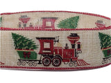 PerpetualRibbons Christmas Winter Ribbon 2.5 inch Red Train Carrying Christmas Tree on Natural Linen Ribbon - Wired Christmas Ribbon - 5 Yards