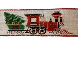 PerpetualRibbons Christmas Winter Ribbon 2.5 inch Red Train Carrying Christmas Tree on Natural Linen Ribbon - Wired Christmas Ribbon - 5 Yards