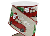 PerpetualRibbons Christmas Winter Ribbon 2.5 inch Santa Clause Shouting "Ho Ho Ho" in a Red Pick Up Truck with Christmas Tree - Wired Christmas Ribbon - 10 Yards