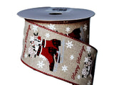 PerpetualRibbons Christmas Winter Ribbon 2.5 inch Wired Christmas Ribbon - Red & Black Buffalo Check Ice Skates with Candy on Light Natural Canvas Ribbon - 5 Yards