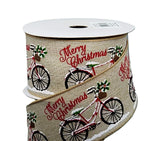 PerpetualRibbons Christmas Winter Ribbon 2.5 inch Wired Christmas Ribbon - Red Snow Dusted Bike on Light Natural Canvas - 5 Yards