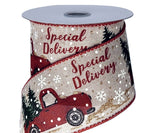 PerpetualRibbons Christmas Winter Ribbon 2.5" Red Farm Truck Carrying 2 Christmas Tree on Light Natural Linen Ribbon - Wired Christmas Ribbon - 5 Yards