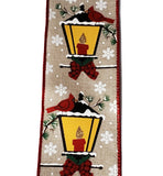 PerpetualRibbons Christmas Winter Ribbon Red Cardinals on Christmas Lanterns with Red & Black Buffalo Ribbon - 2.5" Natural Canvas Wired Christmas Ribbon - 5 yards