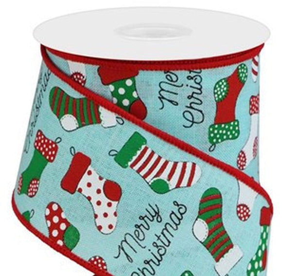 PerpetualRibbons Christmas Words 2.5 inch Assorted Stockings on Ice Blue Royal - Wired Christmas Ribbon - 10 Yards
