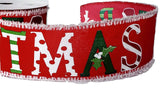 PerpetualRibbons Christmas Words 2.5 inch Red Satin Ribbon with Merry Christmas in Various Colors & Patterns - 5 Yards
