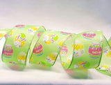 PerpetualRibbons Easter 2.5 inch Yellow, Pink or Green Satin Ribbon with Easter Eggs & Bunnies - 10 Yards