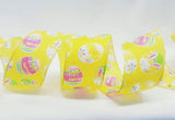 PerpetualRibbons Easter 2.5 inch Yellow, Pink or Green Satin Ribbon with Easter Eggs & Bunnies - 10 Yards