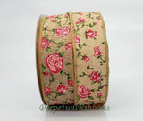 PerpetualRibbons Floral 1.5 1.5 or 2.5 inch Dark Natural Canvas Ribbon with Light Pink & Dark Pink Roses - 10 Yards