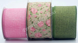 PerpetualRibbons Floral 1.5 or 2.5 inch Dark Natural Canvas Ribbon with Light Pink & Dark Pink Roses - 10 Yards