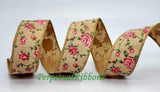PerpetualRibbons Floral 1.5 or 2.5 inch Dark Natural Canvas Ribbon with Light Pink & Dark Pink Roses - 10 Yards