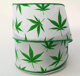 PerpetualRibbons Floral Fun Christmas Ribbon - 2.5 inch Wired White Satin "Urban Leaf Fun Leaf" Ribbon - 10 Yards 10 yards of 2.5 inch Wired White Satin Marijuana Ribbon | Perpetual Ribbons