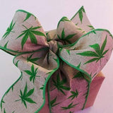 PerpetualRibbons Floral Fun Christmas Ribbon - 2.5 inch Wired White Satin "Urban Leaf Fun Leaf" Ribbon - 10 Yards 10 yards of 2.5 inch Wired White Satin Marijuana Ribbon | Perpetual Ribbons