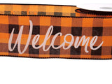 PerpetualRibbons Halloween 10 Yards - 2.5" Orange & Black Buffalo Check Ribbon with "Welcome" written in White Script - Wired Halloween Ribbon
