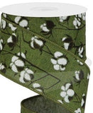PerpetualRibbons Misc Ribbon 2.5 inch Moss Green Wired Canvas Ribbon with White Cotton Bolls - 10 Yards