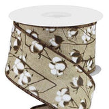 PerpetualRibbons Misc Ribbon 2.5 inch Tan Wired Canvas Ribbon with White Cotton Bolls - 10 Yards
