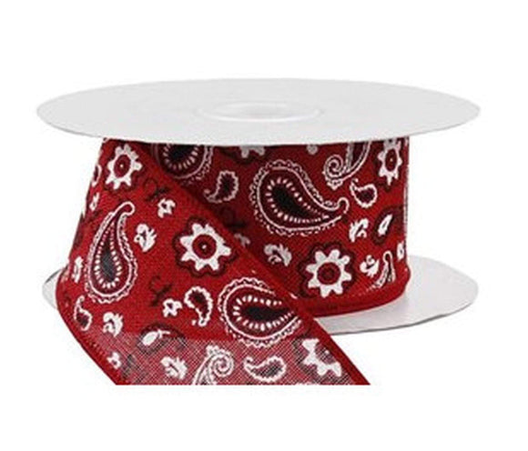 PerpetualRibbons Paisley 1.5 Inch Red Black White Bandana - 10 Yards 10 Yards Wired Bandana Ribbon | Perpetual Ribbons